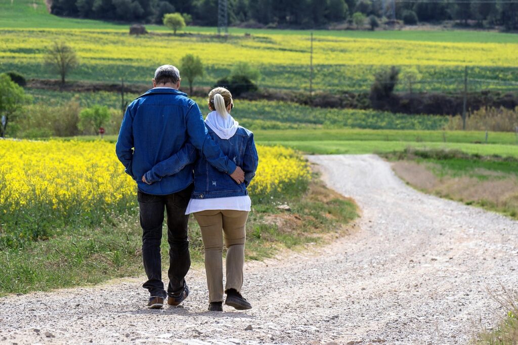 walk, couple, path, rural, man and woman, flower background, together, exercise, flower wallpaper, health, love, romance, beautiful flowers, romantic, relax, nature, landscape, meadows, field, spring, flowers, yellow flowers, health, health, health, health, health. quietum plus